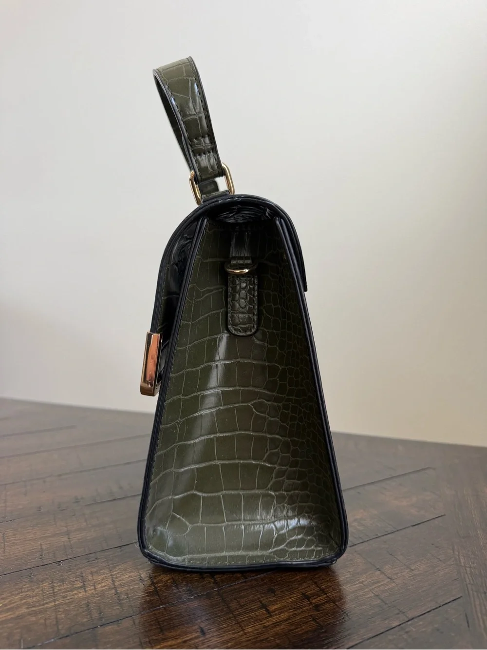 Dune London Olive Croc-Embossed Top Handle Satchel with Gold Accents